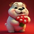 Smiling cute bulldog holding bouquet in colorful flower isolate warm background.