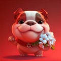 Smiling cute bulldog holding bouquet in colorful flower isolate warm background.