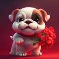 Smiling cute bulldog holding bouquet in colorful flower isolate warm background.
