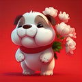 Smiling cute bulldog holding bouquet in colorful flower isolate warm background.