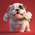 Smiling cute bulldog holding bouquet in colorful flower isolate warm background.