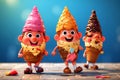 Smiling cute cartoon ice creams on blue background walking