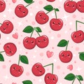 Smiling cute cartoon kawaii berries of cherry, seamless background