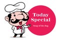 Smiling cute chef cartoon with big moustache introduce special menu with red circle signboard