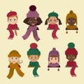 Children in different headdress. Winter autumn hat