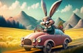 Smiling cute and cool cartoon style Easter bunny racing in retro car for Easter. Happy Easter Poster and template with Royalty Free Stock Photo