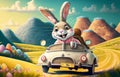 Smiling cute and cool cartoon style Easter bunny racing in retro car for Easter. Happy Easter Poster and template with Royalty Free Stock Photo