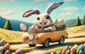 Smiling cute and cool cartoon style Easter bunny racing in retro car for Easter. Happy Easter Poster and template with Royalty Free Stock Photo