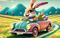 Smiling cute and cool cartoon style Easter bunny racing in retro car for Easter. Happy Easter Poster and template with Royalty Free Stock Photo