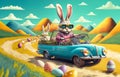 Smiling cute and cool cartoon style Easter bunny racing in retro car for Easter. Happy Easter Poster and template with Royalty Free Stock Photo