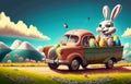 Smiling cute and cool cartoon style Easter bunny racing in retro car for Easter. Happy Easter Poster and template with Royalty Free Stock Photo