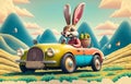 Smiling cute and cool cartoon style Easter bunny racing in retro car for Easter. Happy Easter Poster and template with Royalty Free Stock Photo