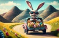 Smiling cute and cool cartoon style Easter bunny racing in retro car for Easter. Happy Easter Poster and template with Royalty Free Stock Photo