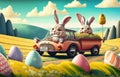 Smiling cute and cool cartoon style Easter bunny racing in retro car for Easter. Happy Easter Poster and template with Royalty Free Stock Photo