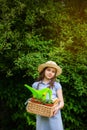 Smiling cute girl gardener holding basket and horticultural tools in garden on sunny day. Happy childhood. Summer activities Royalty Free Stock Photo