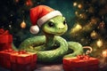 smiling cute green tree snake in a red Christmas hat near the Christmas tree with gifts symbol of the year 2025 Royalty Free Stock Photo