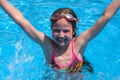 Smiling cute little girl in goggles in swimming pool on sunny summer day Royalty Free Stock Photo