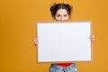 Smiling cute lovely young woman hiding behind blank board