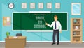 Smiling cute male teacher holding a pointer and pointing to a blackboard in a classroom. Vector illustration Royalty Free Stock Photo