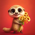 Smiling cute meerkat holding bouquet in colorful flower isolate warm background.