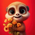 Smiling cute meerkat holding bouquet in colorful flower isolate warm background.