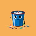 Smiling Cute Overflowing trash can with multicolor paper trash, Habituate kid card or poster.