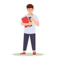 Smiling cute school boy with books ready to go to school. Happy boy showing thumb up, cool, leaves a positive feedback