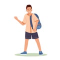 Smiling cute schoolboy with a backpack is ready to go to school. Teenage boy waving his hand to friends and classmates Royalty Free Stock Photo
