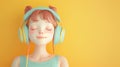 Smiling 3d girl with red hair in headphones listening to the music. Streaming audio services. Yellow background
