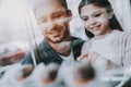 Smiling Dad and Daughter. Happy Girl. Restaurant. Royalty Free Stock Photo