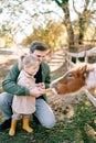 Smiling dad holding hand of little girl feeding pony through fence in park Royalty Free Stock Photo