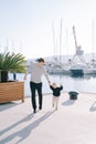 Smiling dad and little girl walk along the pier holding hands and jumping Royalty Free Stock Photo
