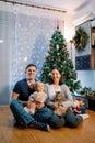 Smiling dad and mom are sitting on the floor near the Christmas tree with a little girl and a cat on their laps Royalty Free Stock Photo