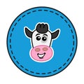 Smiling dairy cow head in blue circular panel with black line - vector