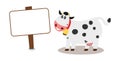 Smiling dairy cow with her bell and with billboard on white background - vector