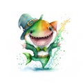 Smiling and dancing St. Patrick\'s shark in a green leprechaun costume. Watercolor cartoon.