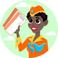 Smiling dark-skinned stewardess with air tickets in her hand Royalty Free Stock Photo