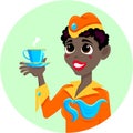 Smiling dark-skinned stewardess with a cup in her hand Royalty Free Stock Photo