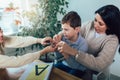 Deaf boy learning sign language. Selective focus