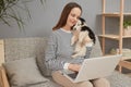 Smiling delighted adorable Caucasian woman wearing striped shirt sitting on sofa with her puppy dog using laptop computer typing Royalty Free Stock Photo