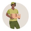 Smiling delivery black man in uniform with box in hands. Courier with parcel. Vector illustration. Flat style.