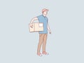 smiling delivery courier holding package parcel box shipping service simple korean style illustration