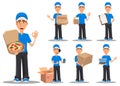 Smiling delivery man in blue uniform, set Royalty Free Stock Photo