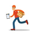 Smiling delivery man running with cardbox, courier in uniform at work cartoon character vector Illustration