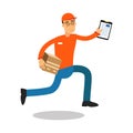 Smiling delivery man running with cardbox and documents, courier in uniform at work cartoon character vector