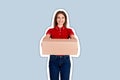 Smiling delivery person is giving a parcel to a customer Magazine collage style with trendy color background Royalty Free Stock Photo