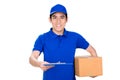 Smiling deliveryman holding box and giving clipboard