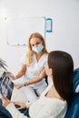 Cheerful stomatologist demonstrating dental radiograph to woman