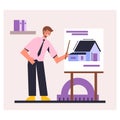 Designer in office clothes standing near project with building and makes presentation to clients
