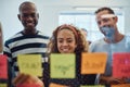 Smiling designers brainstorming together with sticky notes in an Royalty Free Stock Photo